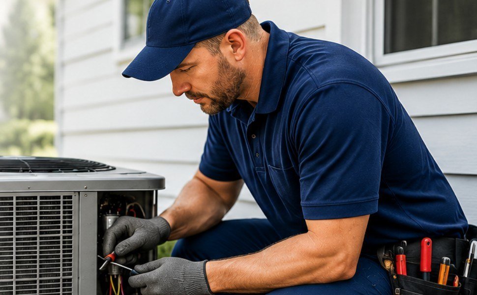 AC repair technician servicing a residential air conditioning unit