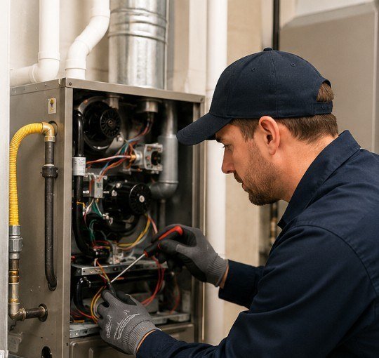 Furnace technician inspecting a residential furnace panel