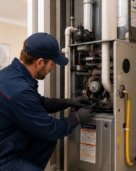 Heating technician servicing a residential boiler system