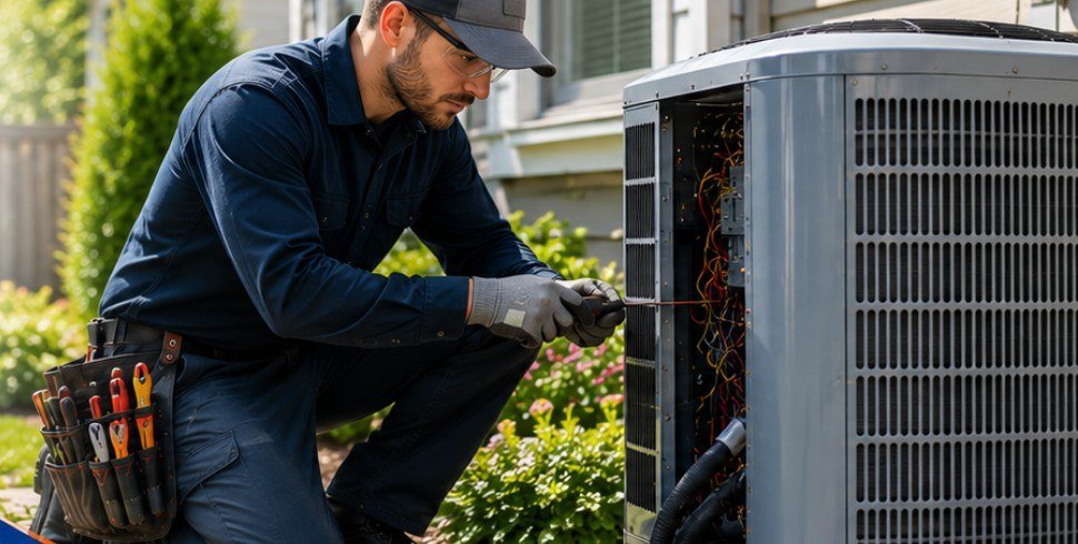 HVAC technician working on a residential outdoor unit